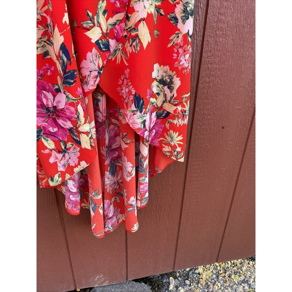 By & By Red Floral Ruffle V-Neck Maxi Dress Womens Small Sleeveless Pink Yellow - Picture 7 of 10